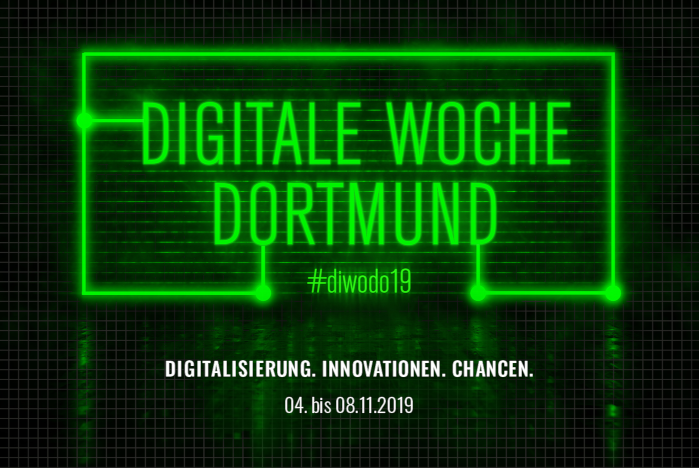 Digitale Woche Dortmund in neongrüner Schrift mit Datum 04. bis 08.11.2019